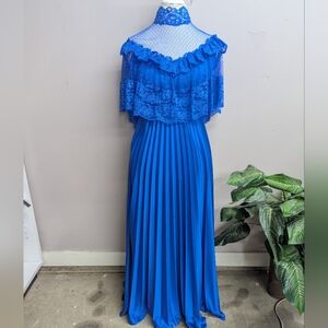 ILGWU Vintage 50/60s Blue Lace Pleated Maxi Dress